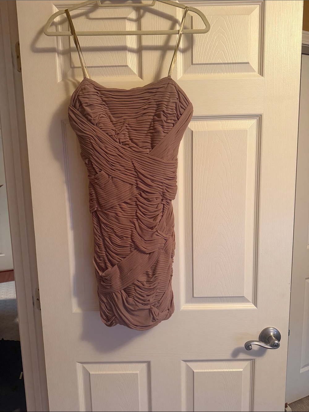 BCBGMaxAzria Mauve Ruched Spaghetti-Strap Mini Dress